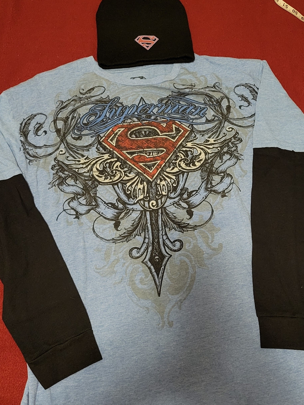 DC Comics Light Blue Superman Logo Shirt with Black Beanie Accent